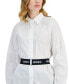 Фото #3 товара Women's Button-Down Long-Sleeve Logo Belted Tunic Top