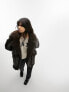 Topshop faux shearling mid length aviator jacket with faux fur details in brown