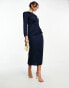 Vila Bridesmaid knot front satin midi dress in navy blue