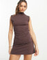 ASOS DESIGN grown on neck mini dress with ruched sides in chocolate