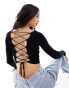 Pull&Bear adjustable strappy back crop long sleeved top in black