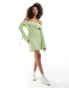 ASOS DESIGN ribbed bardot long sleeve mini dress with tie sleeves in light green grün, S - EU 36-38 - фото #1