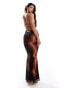 ASOS DESIGN mesh halter maxi dress with open back in oversized abstract orange and black print