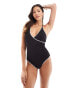 In The Style wrap front swimsuit with contrast stitching in black