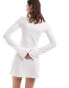 Weekday Serena boat neck long sleeve mini dress with trumpet sleeves in off-white Белый, L - EU 44-46 - фото #4