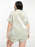 Loungeable Curve bridesmaid taffeta short sleeve revere shirt and short set in sage green