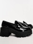 ASOS DESIGN Wide Fit Script chunky mid heeled loafers in black patent