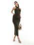 Фото #1 товара ASOS DESIGN high neck ruched mesh midi dress with sheer panels and tie back in khaki