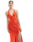 Фото #3 товара ASOS DESIGN satin plunge front strappy back maxi dress with thigh split in red