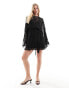 ASOS DESIGN embroidered chiffon mini dress with flared sleeves and self belt in black