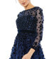 Фото #2 товара Women's Embellished Illusion High Neck Long Sleeve Fit & Flare Dress