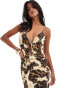 Miss Selfridge Petite satin tie front maxi slip dress in animal print