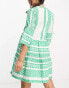 Accessorize flute sleeve jacquard beach summer mini dress in green & white