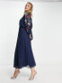 ASOS DESIGN embroidered blouson open back pleated midi dress in navy