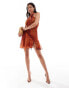 Фото #1 товара ASOS DESIGN cross front halter gathered mini dress with side split in orange abstract print