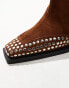 Фото #2 товара ASOS DESIGN Cassie premium suede western knee boots with stud detail in chocolate brown