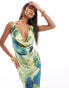 Фото #4 товара ASOS DESIGN stretch satin cowl neck maxi dress in green abstract print