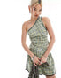 COLLUSION one shoulder top co ord in green & blue check with sports binding