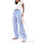 Bershka tie waist wide leg linen look trousers in blue & pink stripe