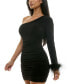 Фото #3 товара Juniors' Asymmetric One-Sleeve Feather-Trim Ruched Bodycon Dress