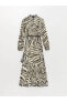 Kadın Fırfırlı Dik Yaka Desenli Uzun Kollu Elbise