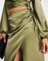 Flounce London Petite satin high waist maxi skirt with leg split in khaki co-ord