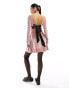 Фото #12 товара Miss Selfridge low back fit and flare velour mini dress with bow in dusty pink