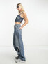 Stradivarius STR denim crop top with lace up side in washed blue