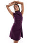 Фото #3 товара ASOS DESIGN Tall bengaline high neck sleeveless mini dress with ruching detail in plum