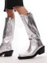 Topshop Rose premium leather western knee high boots in silver