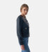 Фото #3 товара Women's Collarless Stunning Studs Closure Leather Jacket, Navy