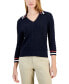 ფოტო #1 პროდუქტის Women's Cotton Striped-Collar Cable-Knit Sweater
