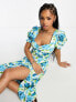 Фото #2 товара Miss Selfridge sweetheart ruched midi dress in oversized blue floral