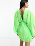Фото #2 товара ASOS DESIGN micro pleated batwing trapeze mini dress in neon green