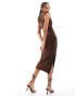 JDY cowl neck ruched midi dress in brown