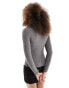 ONLY lettuce edge high neck ribbed top in dark grey melange