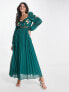 ASOS DESIGN embroidered lace insert pleated midi dress with long sleeves in pine green