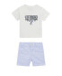 Baby Boys Short Sleeve with Embroidered Logo and Stretch Printed Woven Shorts Set
