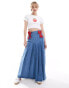 Neon Rose bow detail denim midaxi skirt in mid blue