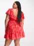 ASOS DESIGN Curve v front ruffle mini dress with flutter sleeve and tie belt in red