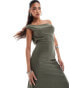 ASOS DESIGN asymmetric neckline midi dress with hanky hem in khaki