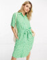 Monki tie waist midi shirt dress in green meadow