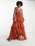 Фото #4 товара ASOS DESIGN Tall soft midi dress with button front and trailing floral embellishment in rust