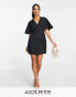 ASOS DESIGN Petite v neck mini dress with fluted sleeve in black US 00 - фото #2