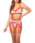Фото #1 товара Paris Embroidered Hearts Bralette, Thong & Garter 3pc Lingerie Set