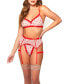 ფოტო #1 პროდუქტის Paris Embroidered Hearts Bralette, Thong & Garter 3pc Lingerie Set