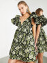 Фото #4 товара ASOS EDITION floral jacquard plunge mini dress with ruffle sleeve