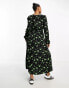 JDY puff sleeve midi dress in black and green floral