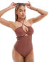 Ivory Rose Fuller Bust dual sized upside down halter neck ribbed beaded swimsuit in brown Коричневый, EU 75 G-H - фото #1