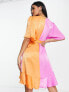 Фото #3 товара Flounce London satin flutter sleeve ruffle mini dress in contrast pink and orange